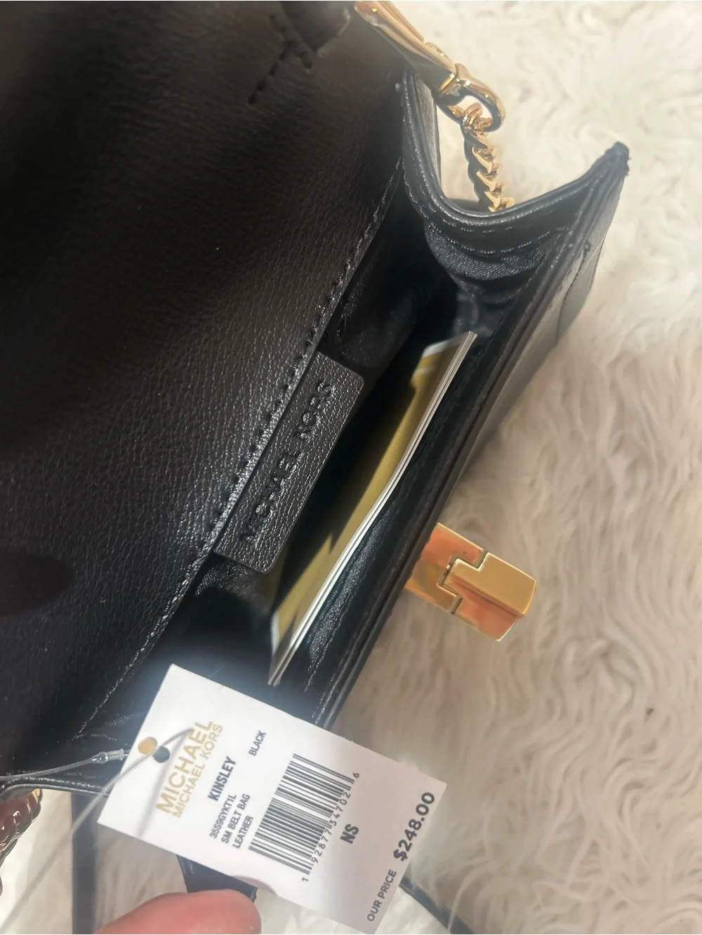 Michael Kors Black Leather Kinsley Crossbody with Gold Plate Lock